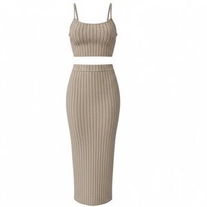 Elegant Tan Ribbed Skirt Set